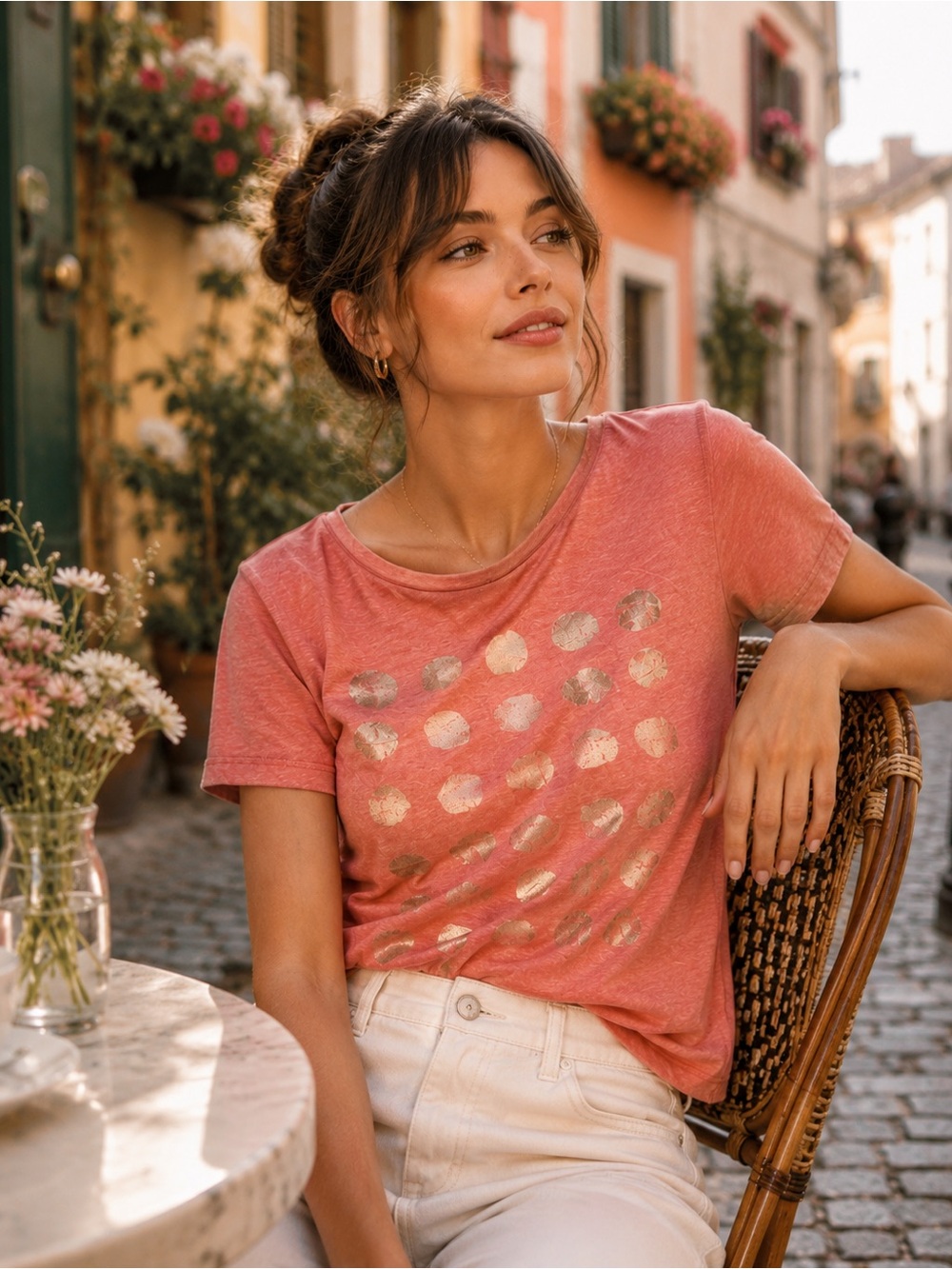 Tommy Hilfiger Womens Coral Heather‎ Metallic Gold Polka Dot Pocket Tee Size M